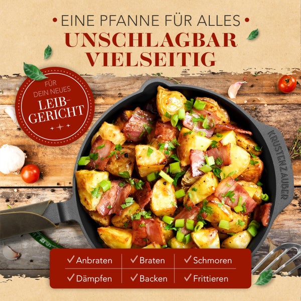 KRUSTENZAUBER 24cm Gusseisenpfanne Induktion Set - Fein Geschliffene Gusseisen Pfanne - Ideale Grillpfanne Induktion, Eisenpfanne, Cast Iron Pan, Bratpfanne, Gusseiserne Pfanne Skillet Gusspfanne