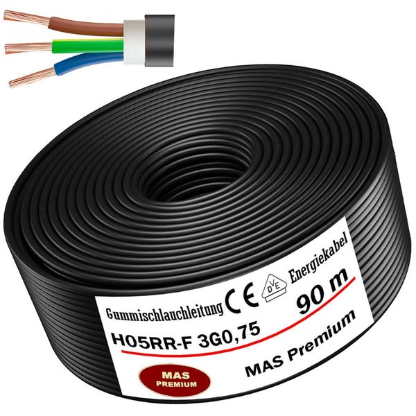 Gummischlauchleitung H05RR-F 3G0,75 MAS Premium, 90 Meter Rolle, CE-Kennzeichnung, VDE-Prüfzeichen, Detailansicht der drei Adern.