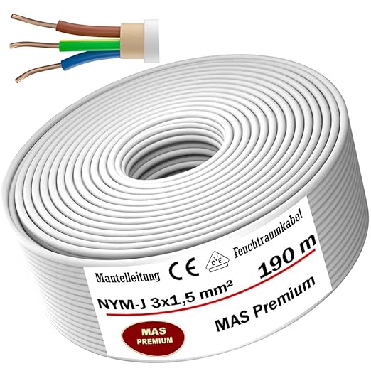 Mantelleitung NYM-J 3x1,5 Quadratmillimeter, 190 Meter, Feuchtraumkabel, MAS Premium.