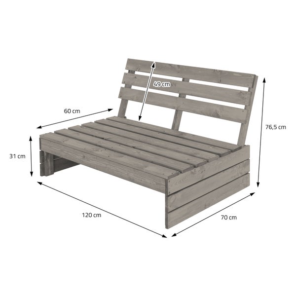 Holz-Gartenbank Palettensofa: Breite 120 Zentimeter, Sitzhöhe 31 Zentimeter, Gesamthöhe 76,5 Zentimeter, Tiefe 70 Zentimeter.