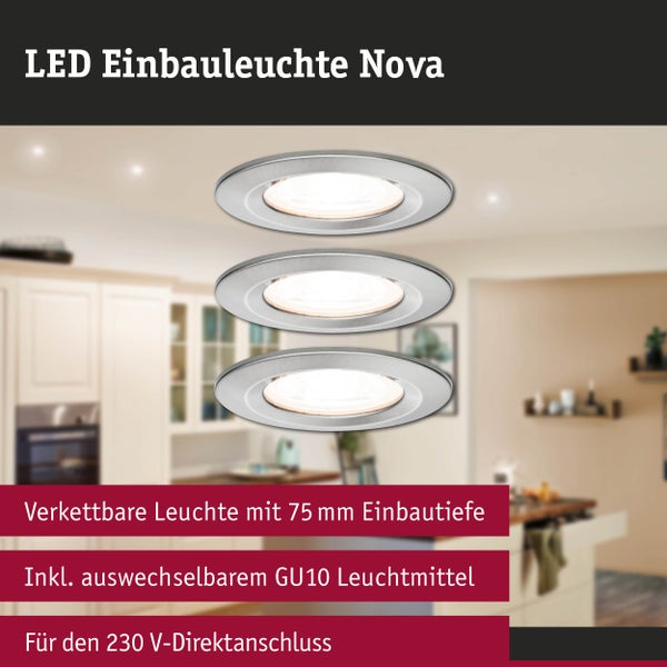LED Einbauleuchte Nova, verkettbar mit 75 Millimeter Einbautiefe, inklusive auswechselbarem GU10 Leuchtmittel, für 230 Volt Direktanschluss.