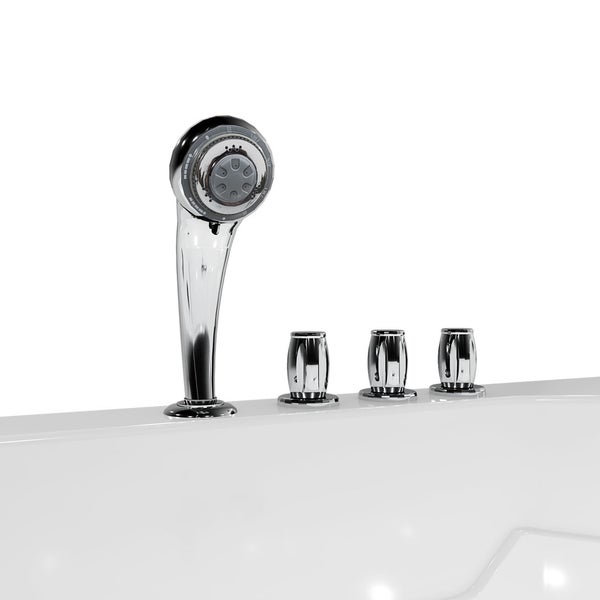 4-Loch-Wannenrandarmatur in Chrom-Optik mit Handbrause und drei Bediengriffen.