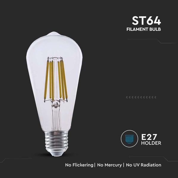 ST64 LED-Filament-Leuchtmittel mit E27-Sockel, flimmerfrei, quecksilberfrei und ohne ultraviolette Strahlung.