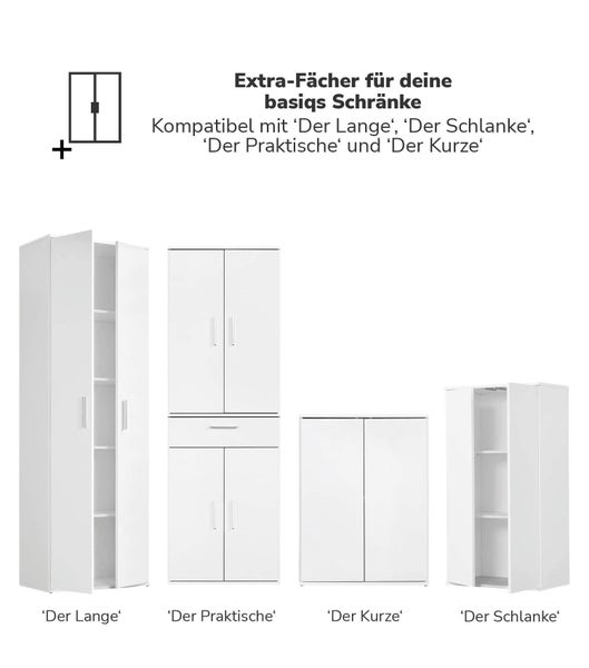 Verschiedene weiße basiqs Schränke, die mit zusätzlichen Einlegeböden kompatibel sind.