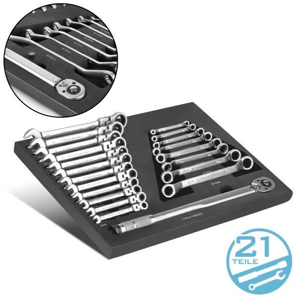 Werkzeugsatz mit Ringratschenschlüsseln und Drehmomentschlüssel im Koffer