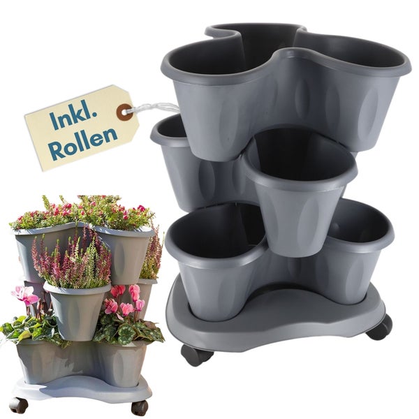 Dreistöckiger Pflanzturm aus Kunststoff inklusive Rollen für Blumen und Kräuter.