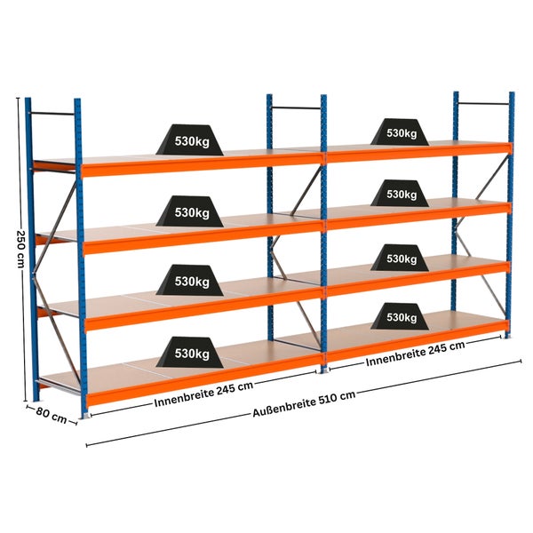 Regal mit drei Ebenen, Maße 250 cm Höhe, 80 cm Tiefe und 510 cm Außenbreite. Jede Ebene ist mit 530 kg belastbar.