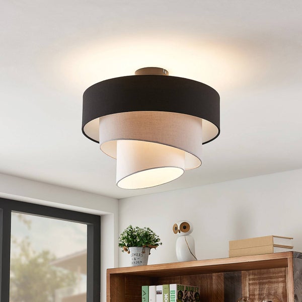 Lindby Stoff Deckenlampe schwarz, grau weiß 3 Textil Schirme rund 1x E27 max. 60W ohne Leuchtmittel Deckenleuchte Schlafzimmerlampe
