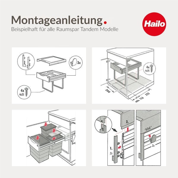Montageanleitung für Hailo Raumspar Tandem Abfalltrennsysteme mit grafischer Darstellung der Einbauschritte und benötigtem Montagematerial.