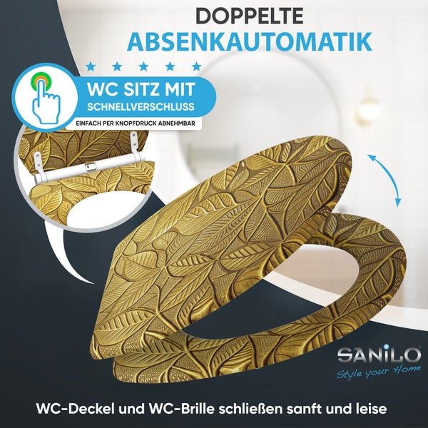 WC-Sitz mit goldenem Blattmuster, doppelter Absenkautomatik und per Knopfdruck abnehmbarem Schnellverschluss. Sanilo Logo.