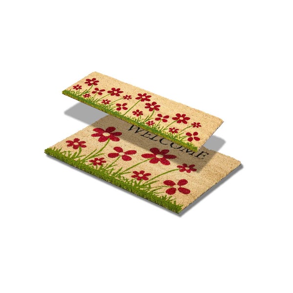 Fußmatte mit Blumenmuster und der Aufschrift Willkommen.