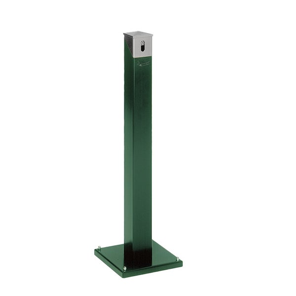 Grüner Standaschenbecher aus Metall mit quadratischem Fuß, silbernem Aufsatz und Zigarettensymbol an der Einwurföffnung.