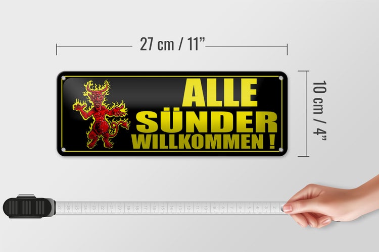 Blechschild Spruch 27x10cm Alle Sünder willkommen Teufelchen
