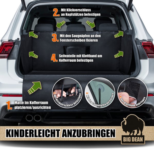 Einbauanleitung für eine Kofferraummatte im Kofferraum eines Autos mit Big Dean Logo.