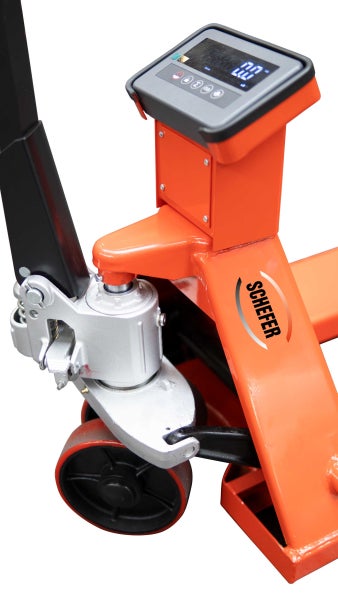 Detailansicht eines Hubwagens mit Waage und Schefer Logo.