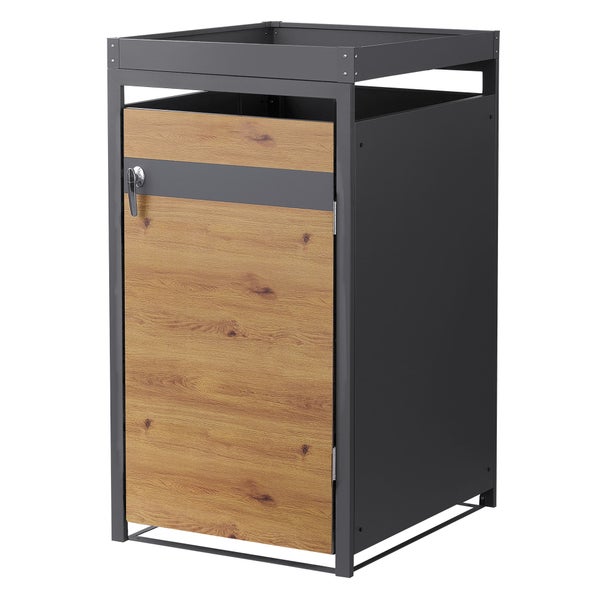Mülltonnenbox für eine Tonne, Metallrahmen in Anthrazit mit Tür in Holzoptik und integrierter Pflanzwanne.