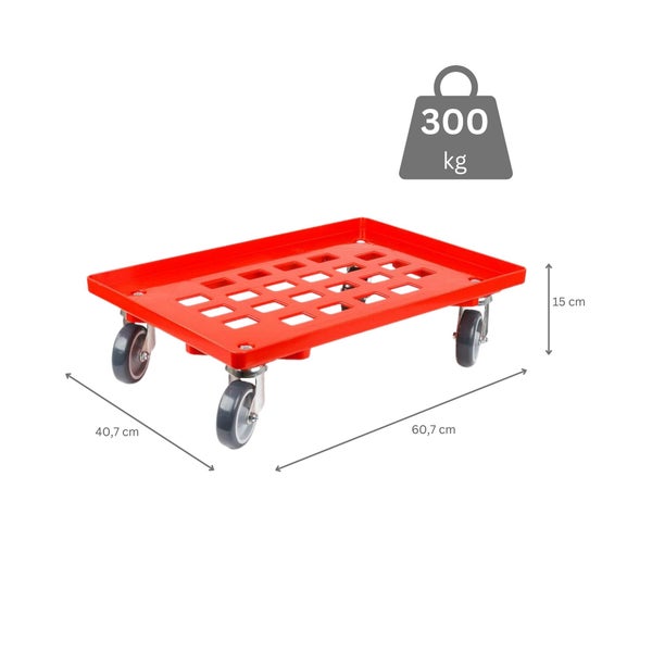 PROREGAL Transportroller für Euroboxen 60 x 40 cm mit Gummiräder Rot Gitter/Rasterdeck 2 Lenkrollen und 2 Bockrollen Traglast 300 kg