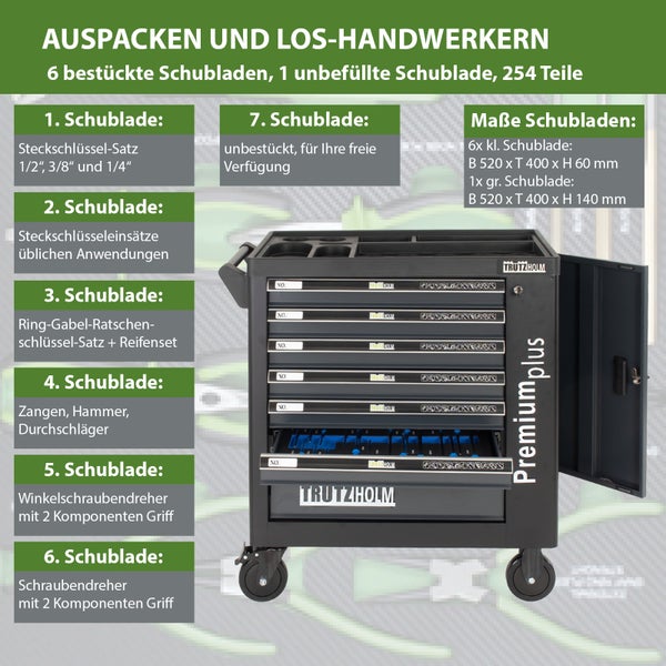 Werkzeugwagen Premium XXL 7 Schubladen gefüllt mit Werkzeug 840mm Breite.CRV Werkzeug abschließbar  Anthrazit