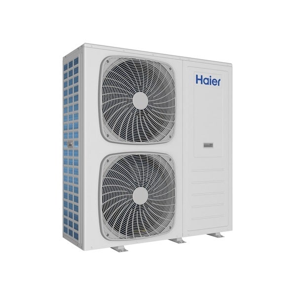 Haier Außeneinheit für Klimaanlagen mit zwei Ventilatoren in weißem Gehäuse.