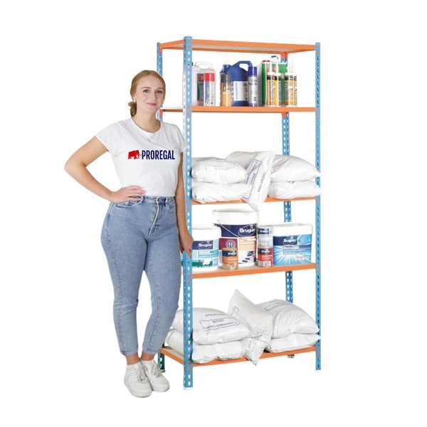 PROREGAL Schwerlastregal Muli HxBxT 180 x 90 x 50 cm 5 Fachböden Fachlast 150 kg Blau-Orange