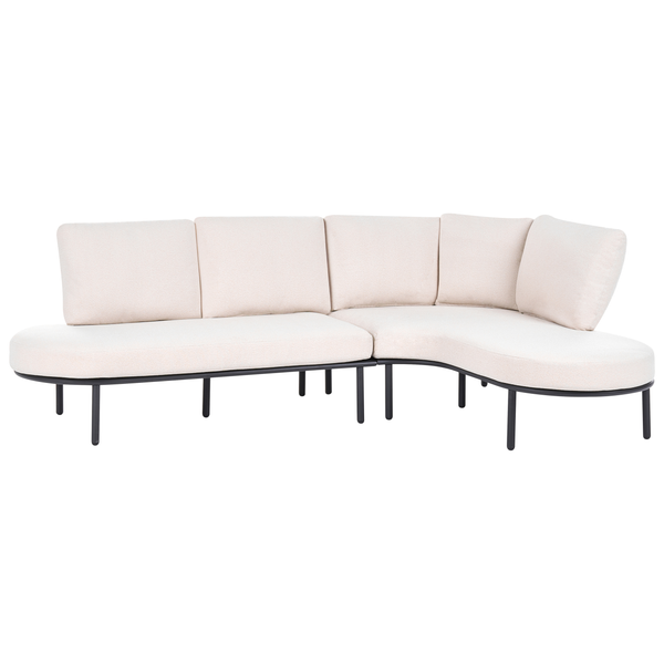 Modernes modulares Gartensofa mit schwarzem Metallgestell und hellen Polstern in geschwungener Form.
