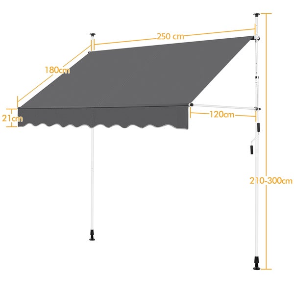 Freistehende Markise mit den Maßen 250 cm x 180 cm und einer Höhe von 210 cm bis 300 cm.