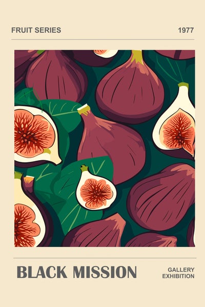 Wandbild mit Feigenmotiv im Vintage Stil mit der Aufschrift Fruit Series 1977 und Black Mission Gallery Exhibition