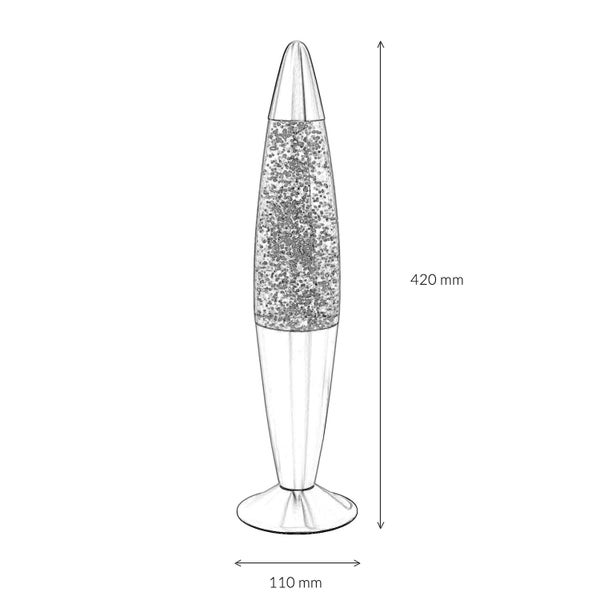 Skizze einer Lavalampe mit den Maßen 420 Millimeter Höhe und 110 Millimeter Durchmesser