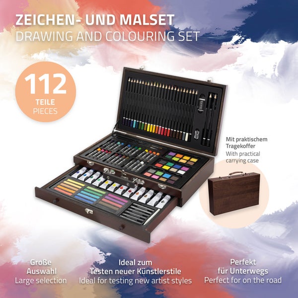 ECD Germany Zeichenset Malset 112 teilig, zum Zeichnen und Malen, Malkoffer aus Holz, für Kinder/Erwachsene, Buntstifte, Öl- und Acrylfarben, Malkreiden, Wasserfarben, Künstlerset Künstler Zubehör Set