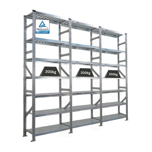 Regalsystem aus Metall mit TÜV Rheinland Zertifizierung und einer Traglast von 200 kg pro Regalboden