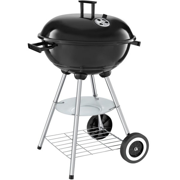 Schwarzer Holzkohle-Kugelgrill mit Rollen, Deckel, Lüftungsschieber und Ablagegitter.