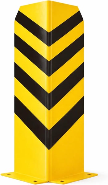 Eckschutzprofil aus Stahl mit gelb-schwarzen Warnmarkierungen und Bodenplatte zum Aufschrauben.