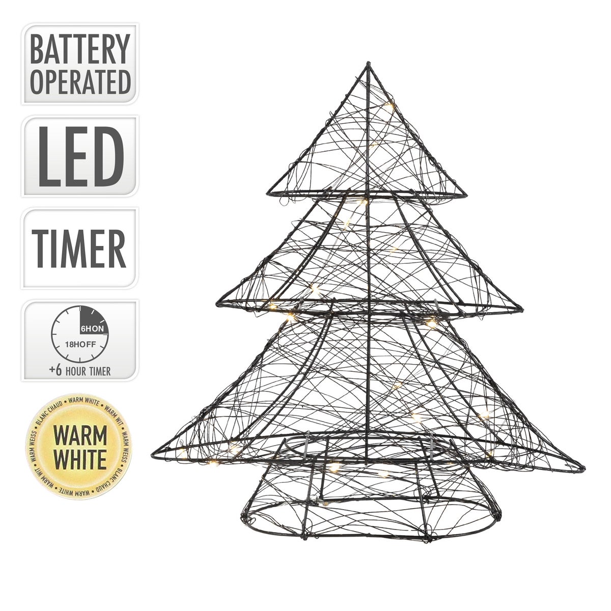 ECD Germany LED Deko Baum Weihnachten mit 20 warmweißen LEDs, 30 cm hoch, Metall, Schwarz, Weihnachtsbaum mit Beleuchtung &amp; Timer, Innen, batteriebetrieben, Lichterbaum Tanne stehend Weihnachtsdeko