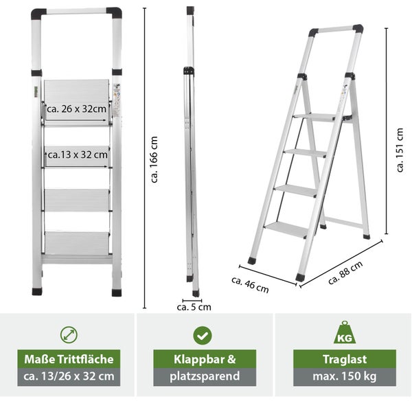 Aluminium Klapptrittleiter mit vier Stufen und den Maßen 151 x 88 x 46 cm