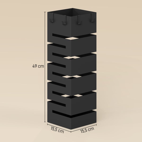Schwarzer Regenschirmständer aus Metall mit modernem Zickzack-Design und Haken, Maße 49 mal 15,5 mal 15,5 Zentimeter.