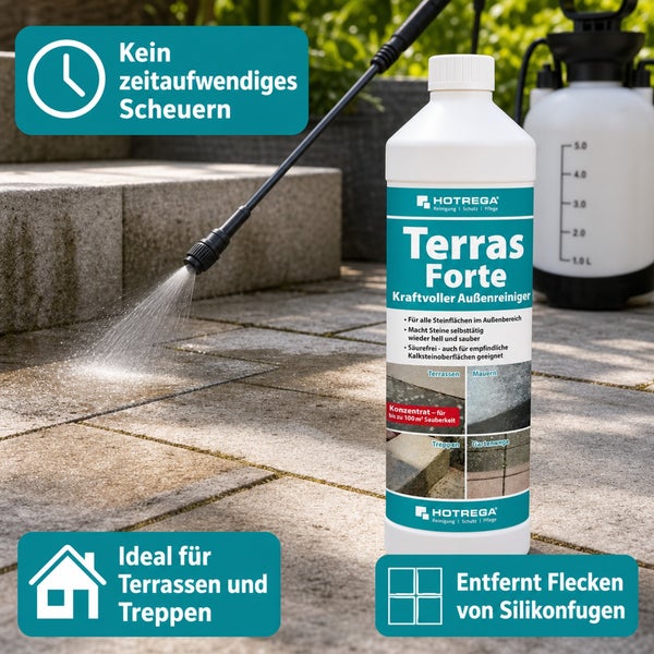 Hotrega Terras Forte Steinreiniger Konzentrat zur Reinigung von Terrassen Mauern und Treppen im Außenbereich