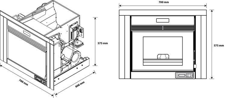 Technische Zeichnung eines Heizgeräts mit den Maßen 700 mm Breite, 575 mm Höhe und 606 mm Tiefe