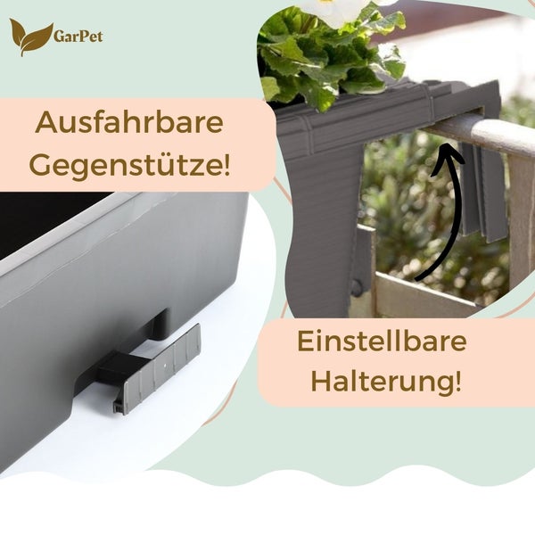 GarPet Balkonkasten mit ausfahrbarer Gegenstütze und einstellbarer Halterung.