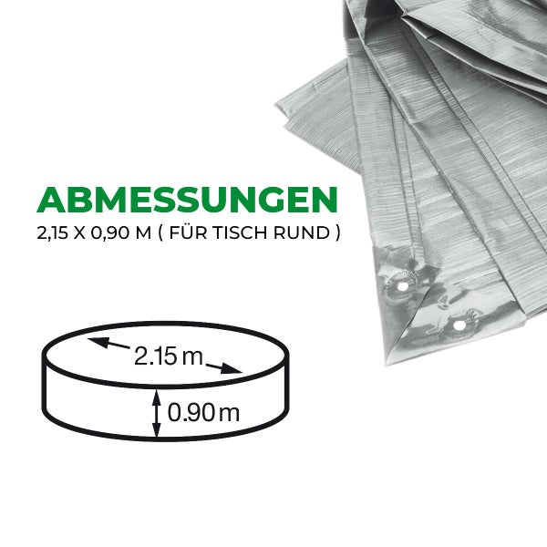 Abmessungen einer runden Tischabdeckung mit einem Durchmesser von 2,15 Metern und einer Höhe von 0,90 Metern.