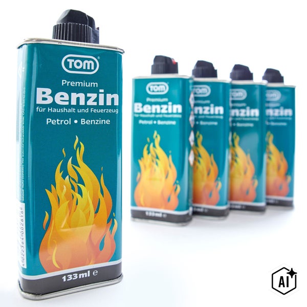 Fünf Metallkanister mit Tom Premium Benzin für Haushalt und Feuerzeug, jeweils mit einem Inhalt von 133 Milliliter.