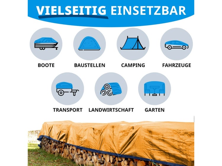 FLOORDIREKT Abdeckplane - Wasserdichte Plane - mit Ösen - Schutzplane - 80 g/m² - 8 x 14 m - Blau-Orange