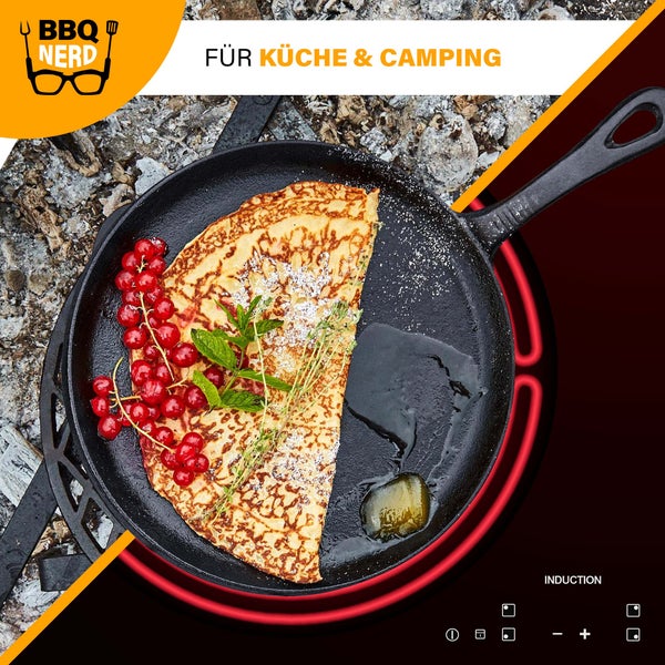 BBQ Nerd Gusseisen Crêpespfanne Ø 26 cm für Pfannkuchen Crêpes Spiegelei | Antihaftpfanne mit exzellenter Wärmeleitung | Crepepfanne für Grill Feuerstelle Herd einschl. Induktion