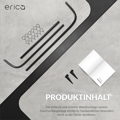 Erica Winkelstange Dusche 85x95x85 cm, Winkelstange Duschvorhang, Wandmontage ohne Deckenbefestigung, Schwarz Pulverbeschichteter Stahl, 100% Rostfrei