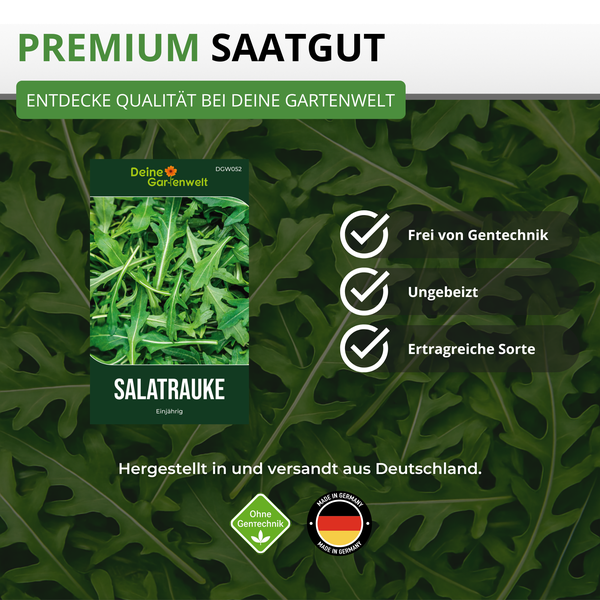Deine Gartenwelt Logo auf Premium-Saatgut für Salatrauke. Einjährige Sorte, gentechnikfrei, ungebeizt, hergestellt in Deutschland.