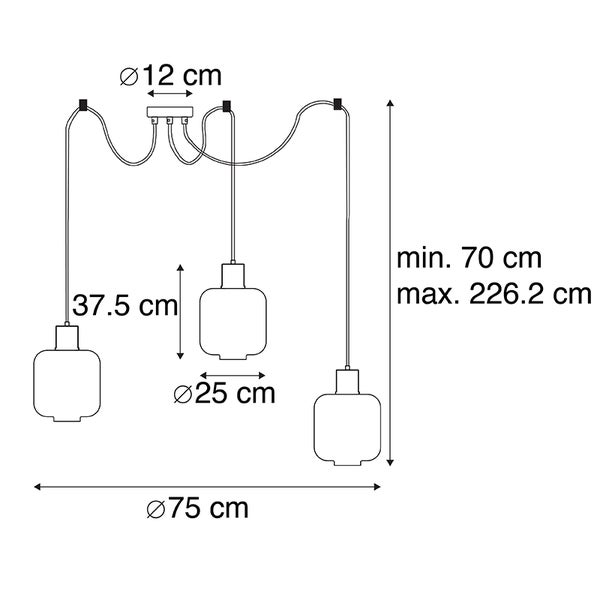 Abbildung einer Pendelleuchte mit den Maßen Durchmesser 12 cm, 37,5 cm, 25 cm, 75 cm und 70 bis 226,2 cm
