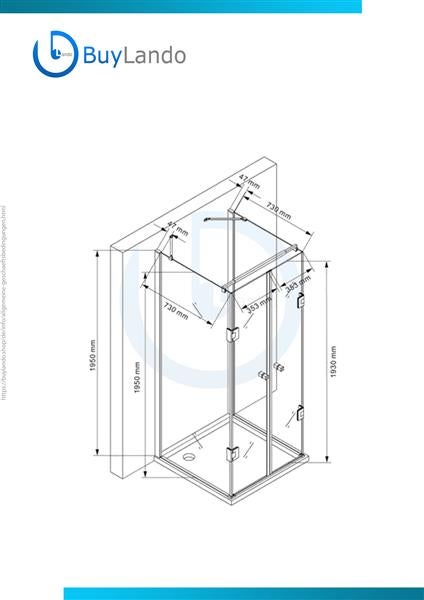 Technische Zeichnung einer Duschkabine mit Maßangaben.