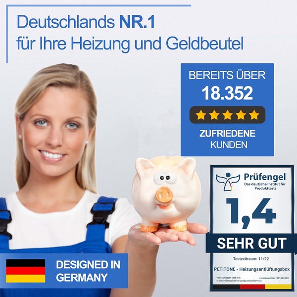 Frau hält ein Sparschwein in der Hand. Designed in Germany. Prüfengel Siegel: Sehr Gut.