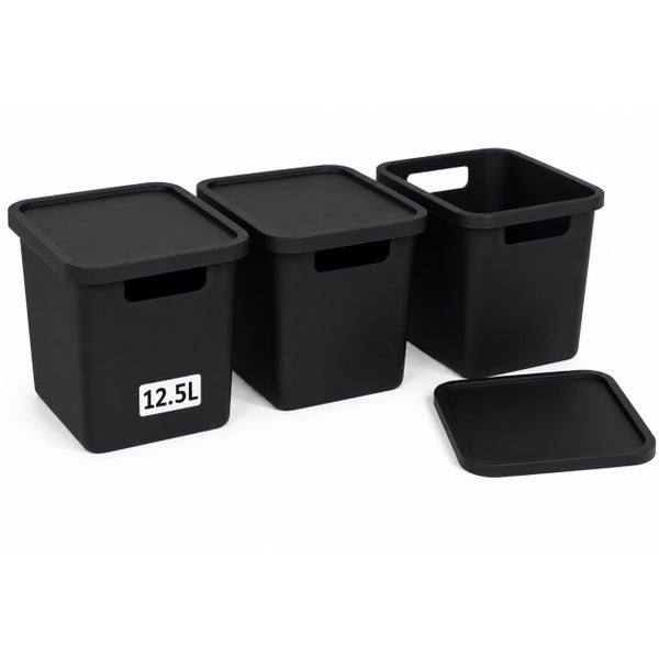 Set aus drei quadratischen Kunststoff Aufbewahrungsboxen mit Deckel und Tragegriffen, Fassungsvermögen 12,5 Liter pro Box