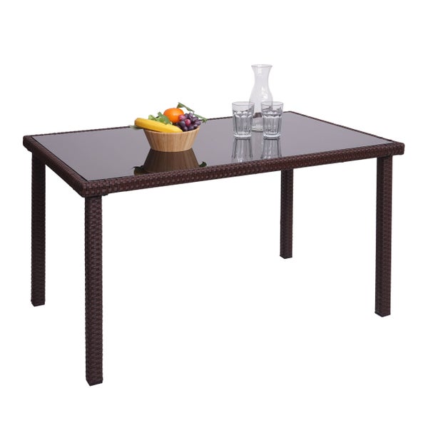 Brauner Gartentisch mit Glasplatte, Obstschale, Gläsern und Wasserkaraffe