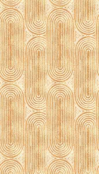 Tapete mit geometrischem Muster aus ockerfarbenen und cremefarbenen länglichen Bögen in gewebter Optik.